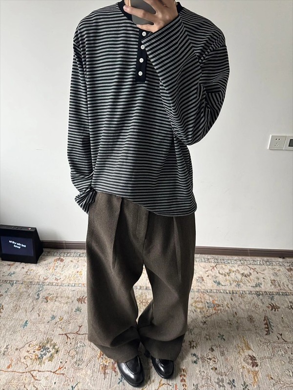 条纹亨利领长袖T恤 2025秋季正肩通勤白色男款休闲基础复古打底衫|undefined