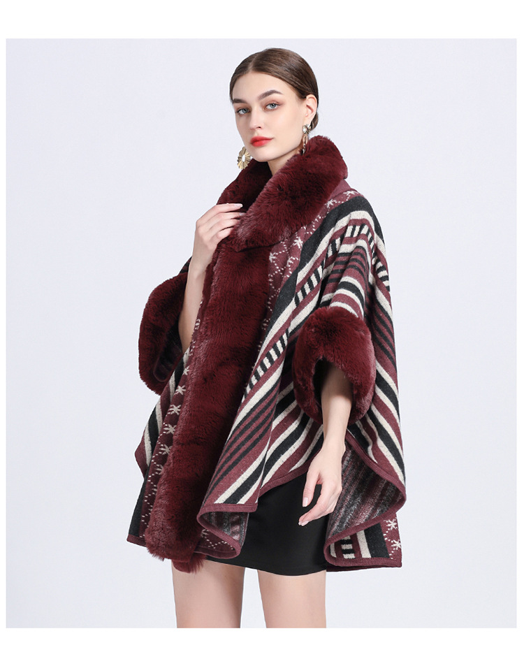 Mantella collo pelliccia grande taglia jacquard cardigan maglione cappotto donna_voghion.com