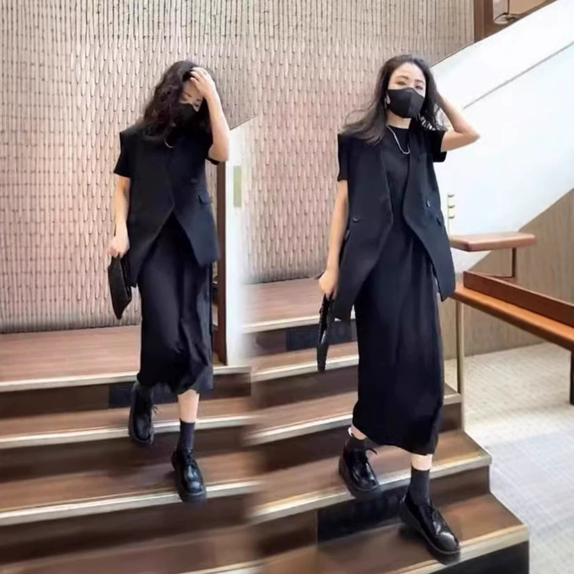 [Спот] Большой размер женская летняя толстая мм набор жакет для лошадей тонкая вязаная юбка с короткими рукавами средней и длинной юбкой из двух частей 6025