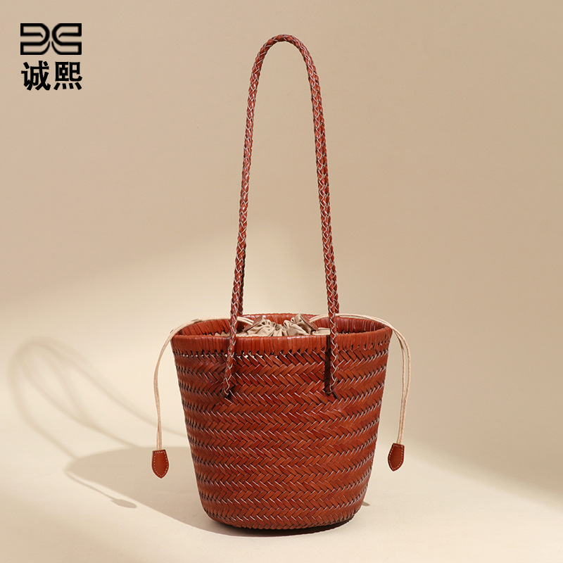 夏季沙滩度假菜篮子真皮编织女包休闲简约手提子母包单肩腋下包包 - Thumbnail 2