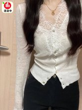 马海毛毛衣法式v领蕾丝拼接打底衫女春夏温柔风针织开衫修身上衣