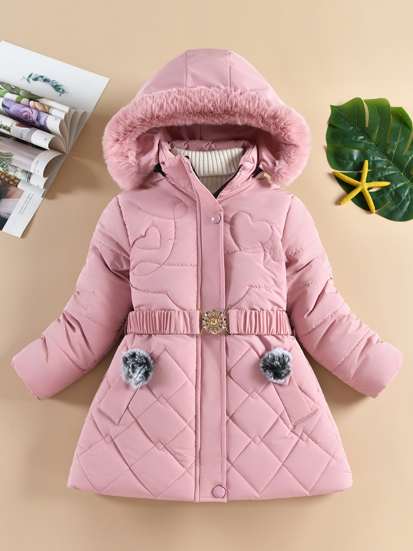 Winter Korean Style Girls' Mid Length Cotton Padded Jacket Western Style Heart Shaped Rhombus Pattern Cotton Padded Jacket With Fur Collar_voghion.com
