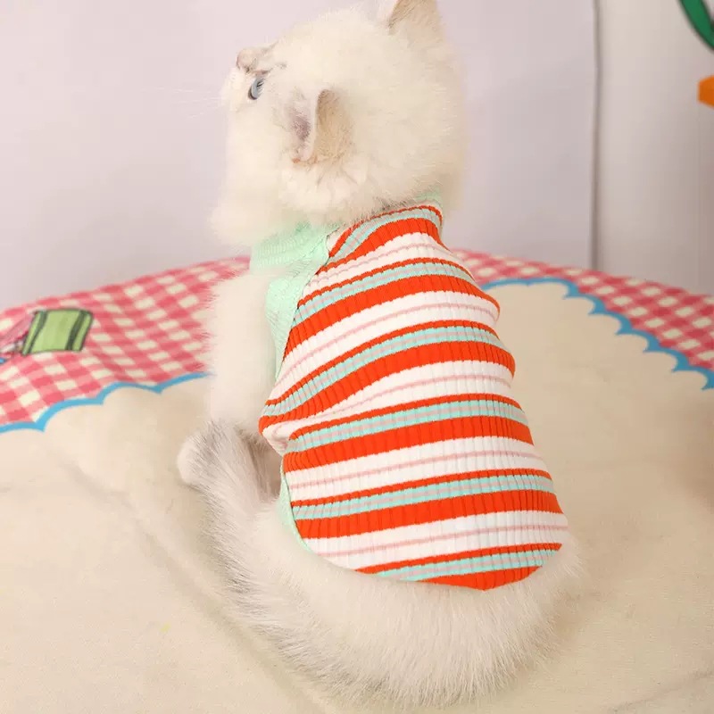 Moda color raya chaleco gato primavera y otoño verano delgada ropa para mascotas primavera en bebé gato anti-pelusa cómodo transpirable