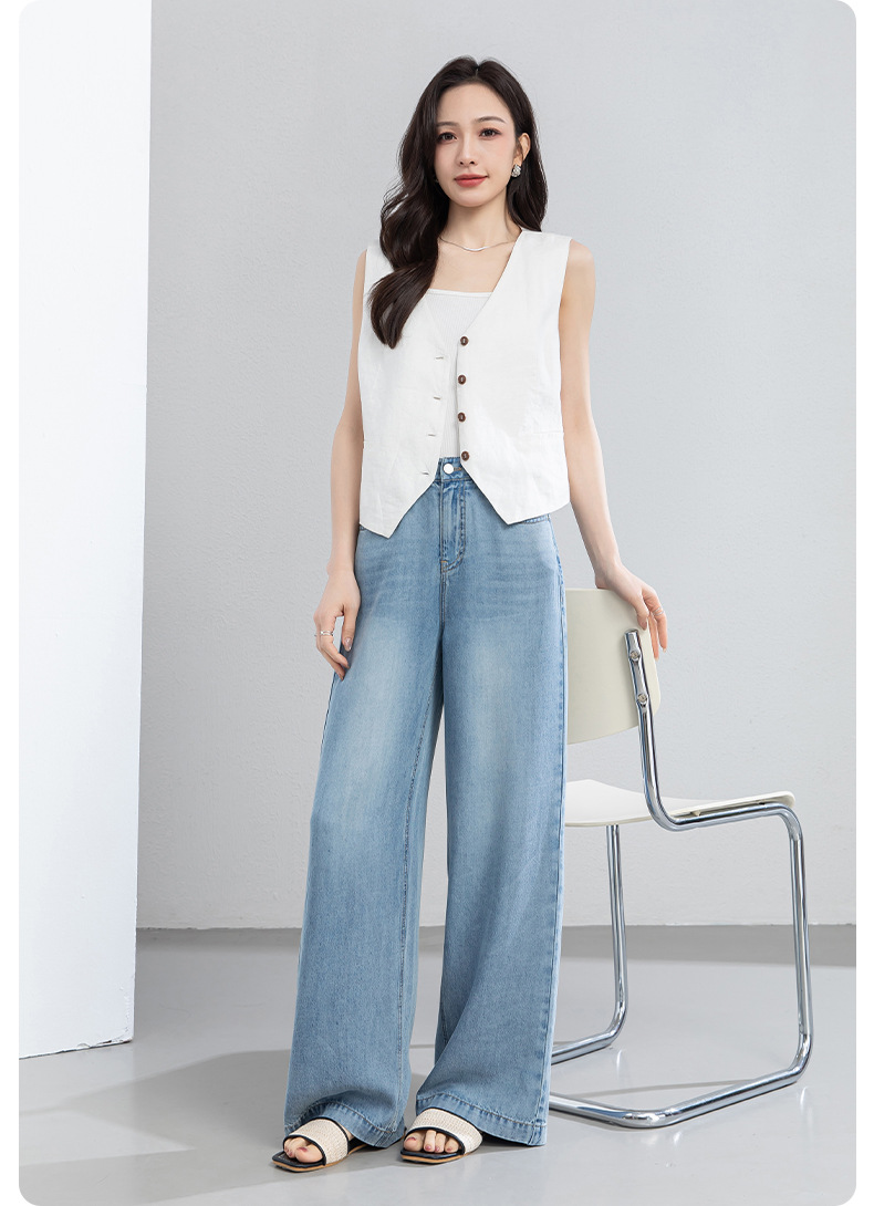 Quần jean nữ ống rộng cạp cao dáng suông vải Tencel mềm mại dài 103 cm — Màu xanh - Chiều dài quần thông thường khoảng 103cm chi tiết 24