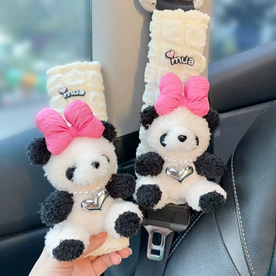 Soft Plush Children's Couple Anti-Ram – Seat belt shoulder pad - a-pair-of-rose-bow-panda-puff-shoulder-pads