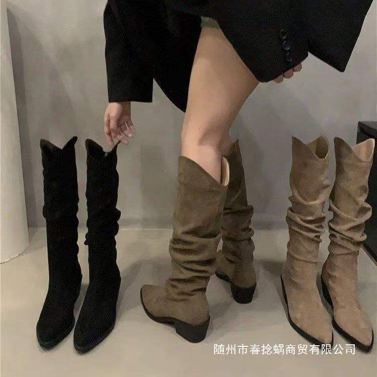 Chunfui Niche High-Heeled Suede Western Cowboy Boots 2025 Autum New Retro Pile Boots