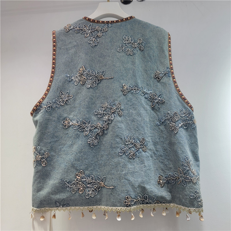 Diseño bordado flores chaleco de vaquero de mujer universal bordado sin mangas hombro clip primavera nueva moda simple