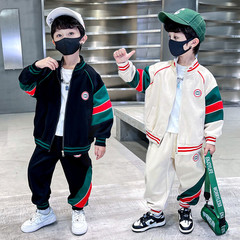 Boys' Red and Green Striped Set 2023 Spring and Autumn New Children's Stylish Trendy Two-Piece Set for Young Children, Foreign Trade