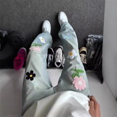 花刺繍マイクロラップジーンズ欧米hiphop揚げ街ズボン男性高級感デザイン感ストレートカジュアルパンツ