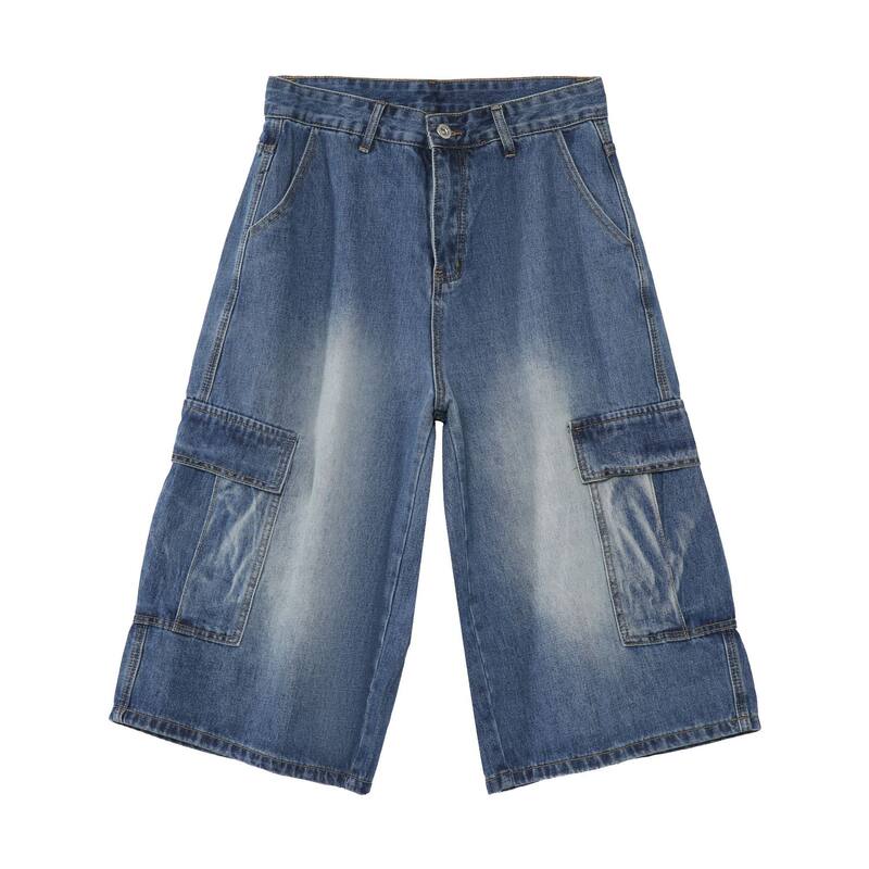 Quần short jean nam ống rộng nhiều túi phong cách hip-hop đường phố, quần lửng mùa hè — Màu xanh lam, Xanh lam làm cũ, Xanh lam nhạt