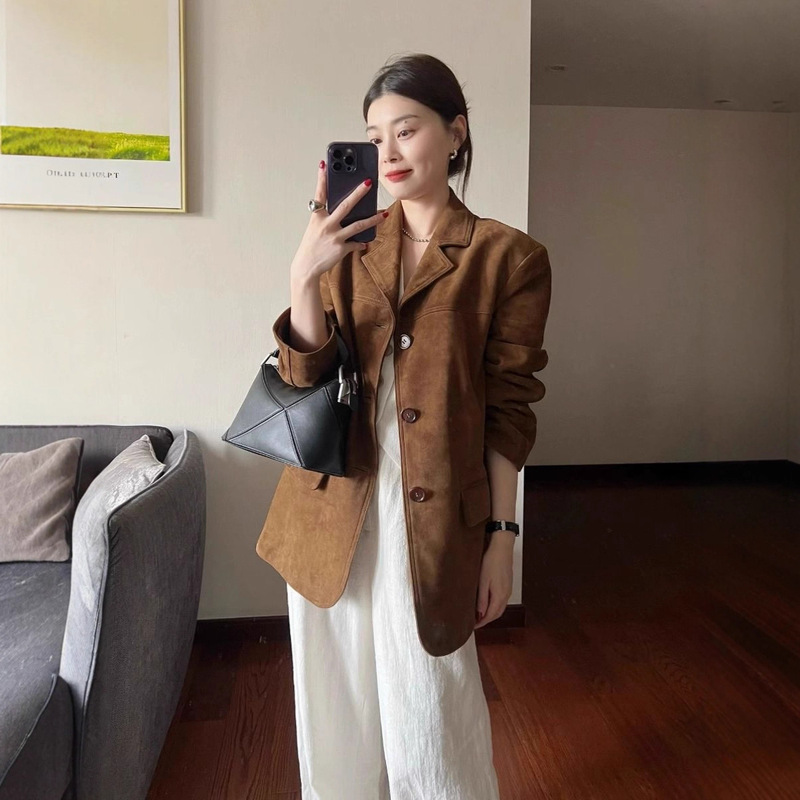 Maillard Brown Suede Suit Jacket Women's Autumn New High-Quality Temperament Right Shoulder Suit Top