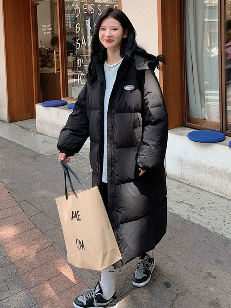 Black long winter down jacket with down, mid-length, 2023, Korean style, oversize, increased thickness