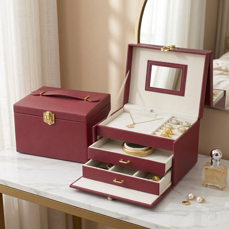 Portable Chinese-Style Palace-Style Burgundy Three-Layer Jewelry Box Engagement Gold Necklace Ring Storage Box Bracelet Velvet
