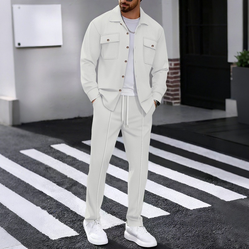 Completo da uomo autunnale con maniche a waffle, pantaloni lunghi, giacca casual con doppia tasca, camicia da lavoro, stile transfrontaliero europeo e americano._voghion.com