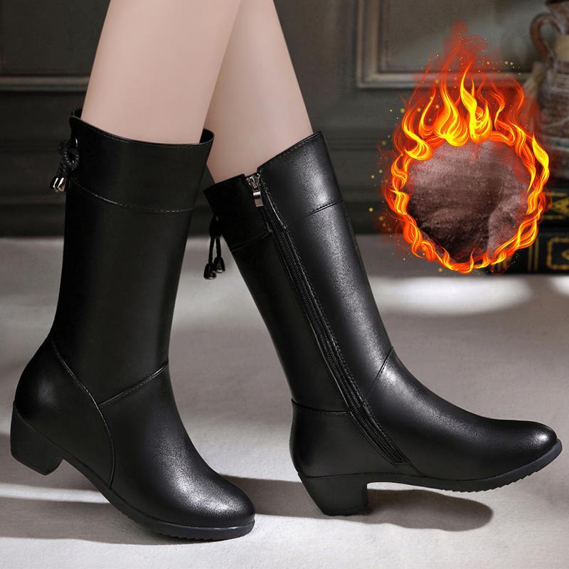 2026 New Winter Mid-Calf Boots for Women, High Heel, Medium Heel, Chunky Heel, Fleece-Lined, Versatile, Large Size, Middle-Aged Mom's Cotton Shoes, Leather Boots 2026 New Winter Mid-Calf Boots for Women, High Heel, Medium Heel, Chunky Heel, Fleece-Lined, Versatile, Large Size, Middle-Aged Mom's Cotton Shoes, Leather Boots