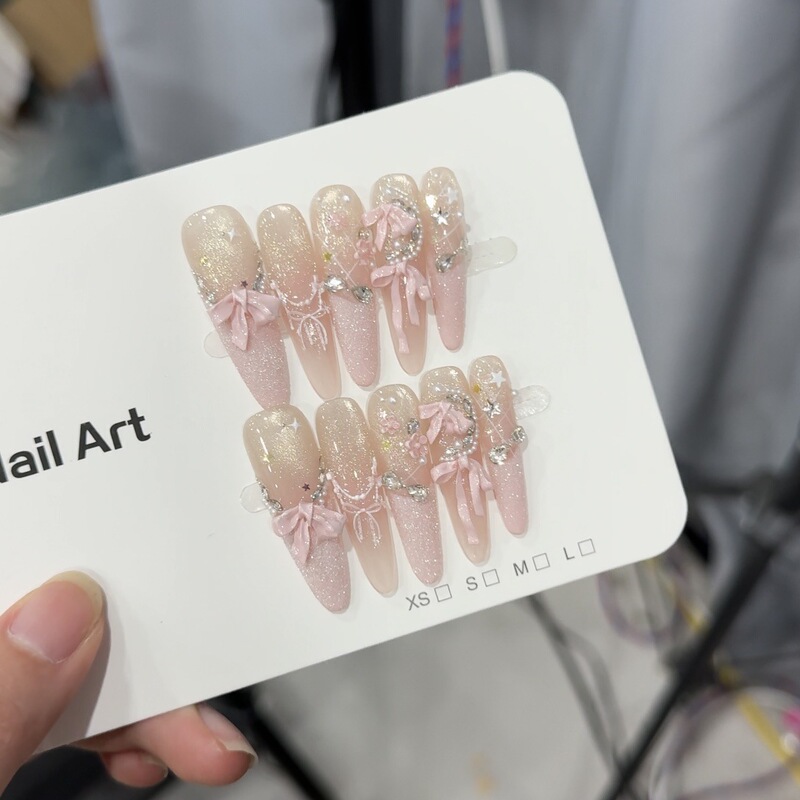 Pink Elegance--Butterfly Ballet Handmade Wearable Nails Fresh Spring Summer Polka Dot Cat Eye Manicure Removable Long Style Pink Elegance--Butterfly Ballet Handmade Wearable Nails Fresh Spring Summer Polka Dot Cat Eye Manicure Removable Long Style