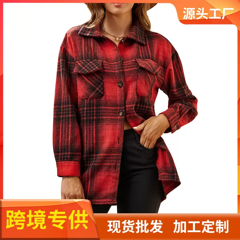 秋冬流行女士法兰绒衬衫格子衬衣休闲外贸女装跨境专供亚马逊现货