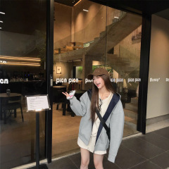 【自家工厂现货】美式复古撞色连帽拉链卫衣外套女宽松开衫上衣