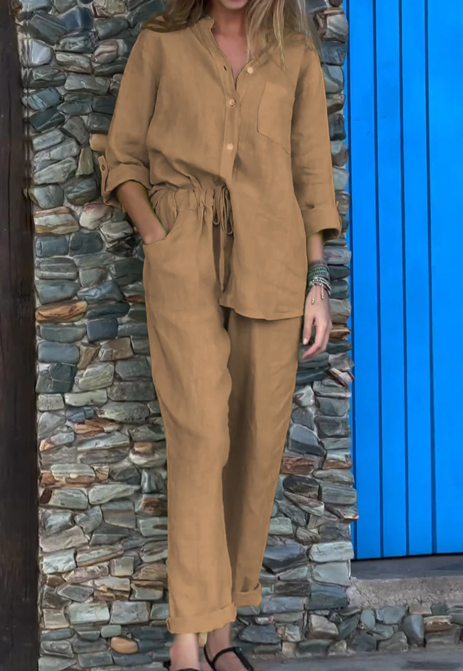 Women's Clothing 2024 Summer New Women's 2 piece Set Large Size Cotton and Linen Shirt Set High Waist Loose Trousers_voghion.com