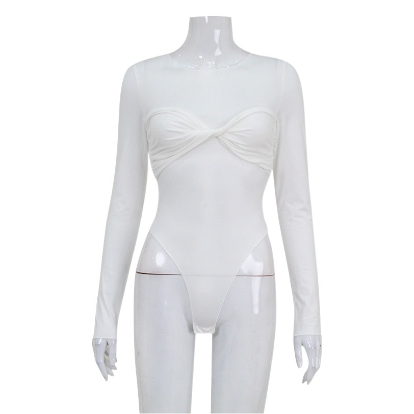 Venta caliente transfronteriza mujer cuello redondo manga larga moda torcedura pliegues temperamento cintura alta ajustada mono europeo y americano