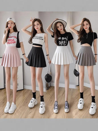 Four Seasons Short Skirt Women's Pleated Skirt JK Uniform Skirt Fashion Skirt (Long Safety Pants Zipper Button)