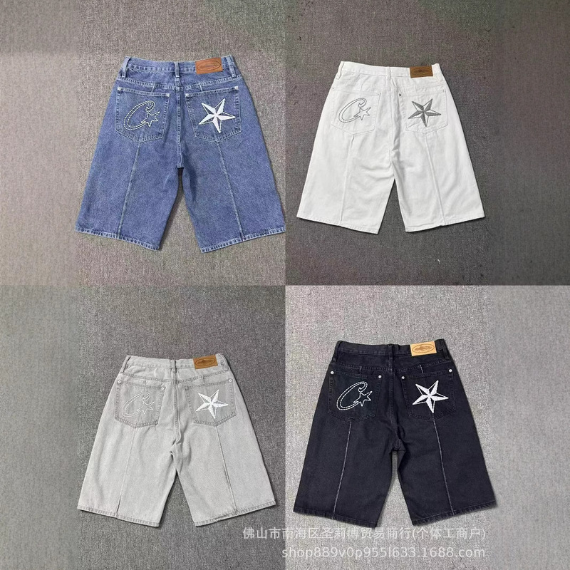 Cross-Border 25Sscorteiz Alcatraz High Street Western Washed Embroidered Denim Loose Denim Shorts Trendy Brand