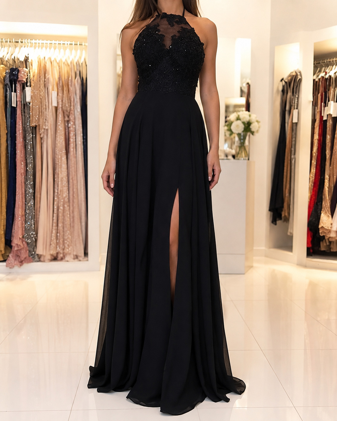 Summer New Style European and American Amazon Halter Neck Lace Chiffon Dress Prom Evening Dress Slit Long Dress New Style
