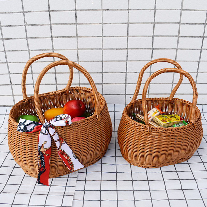 Rattan Woven Basket, Round Material Basket for Bathing, Carrying, Shopping, Eggs, Picnic, Fruit, and Storage