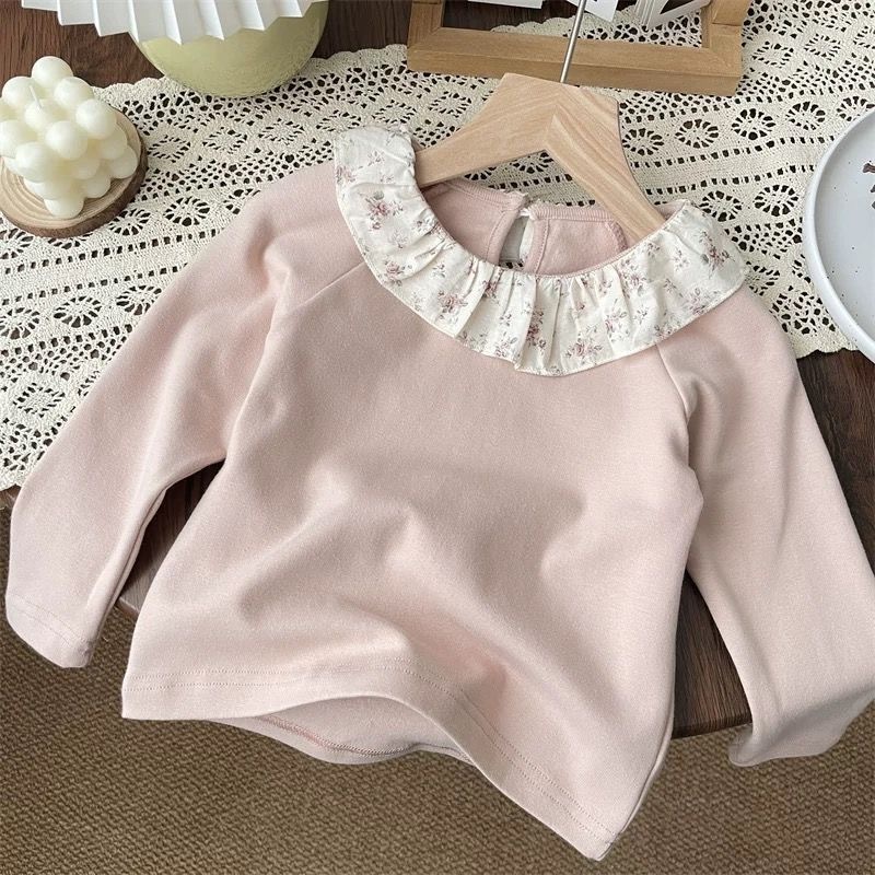 韓国秋女の子ベビー子供小花柄蓮の葉襟長袖ボトムシャツ子供ラペル長袖Tシャツトップ|undefined