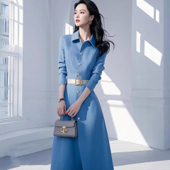 正式场合蓝色长袖连衣裙女秋2025新款收腰显瘦中长款气质衬衫裙女