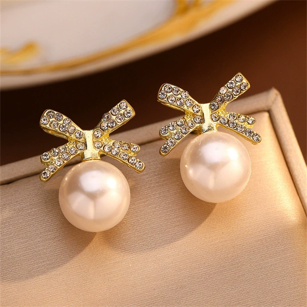 Pearl bow earrings, Japanese‑Korean style, rhinestone‑encrusted, lightweight 0.01 kg
