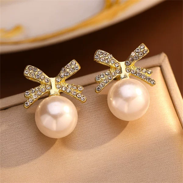 Pearl bow earrings, Japanese‑Korean style, rhinestone‑encrusted, lightweight 0.01 kg