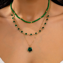 3条波西米亚度假风绿色米珠五叶草叠戴项链套装女士多场合佩戴