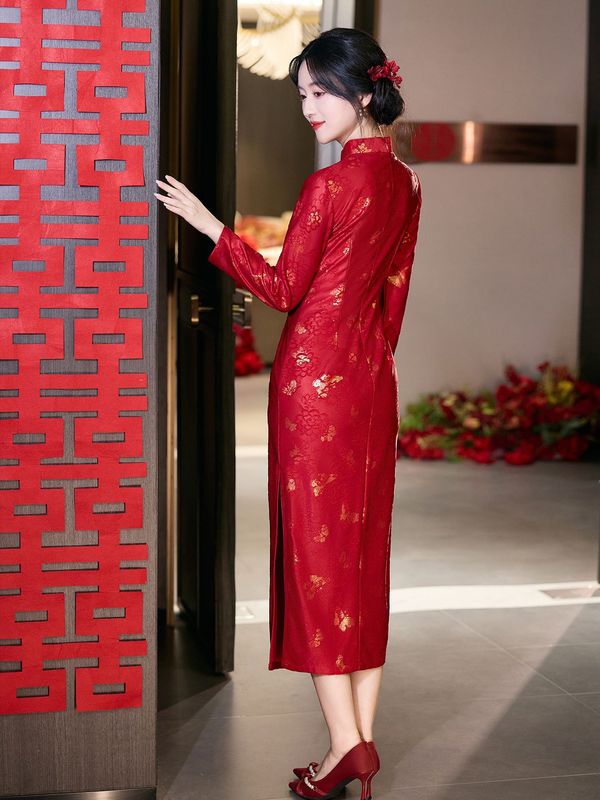 长袖旗袍敬酒服结婚当天新娘便装中式回门红色礼服订婚礼高端大气|undefined
