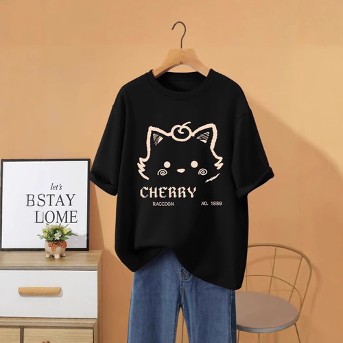 Printed Heavyweight Straight Shoulder T-Shirt 2025 Summer Casual Plus Size Crew Neck Five-Button Tee