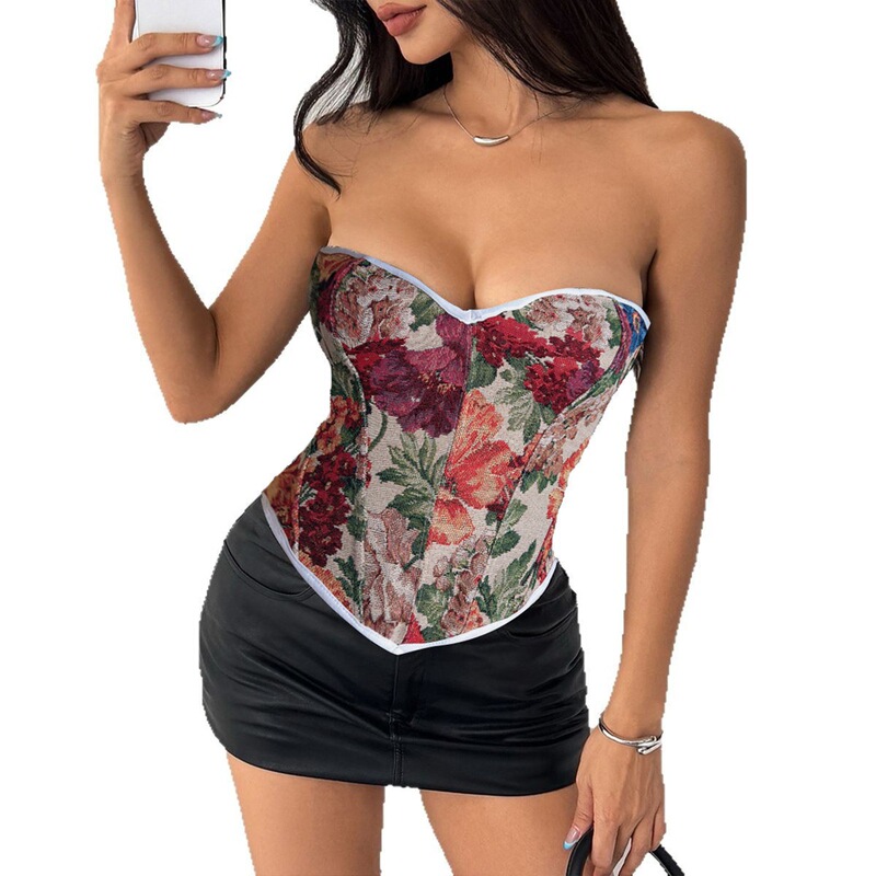 European and American Cross-Border New Palace Tight Fishbone Corset Jacquard Tube Top Lace-Up Outer Wear Body Shaping Top Vest