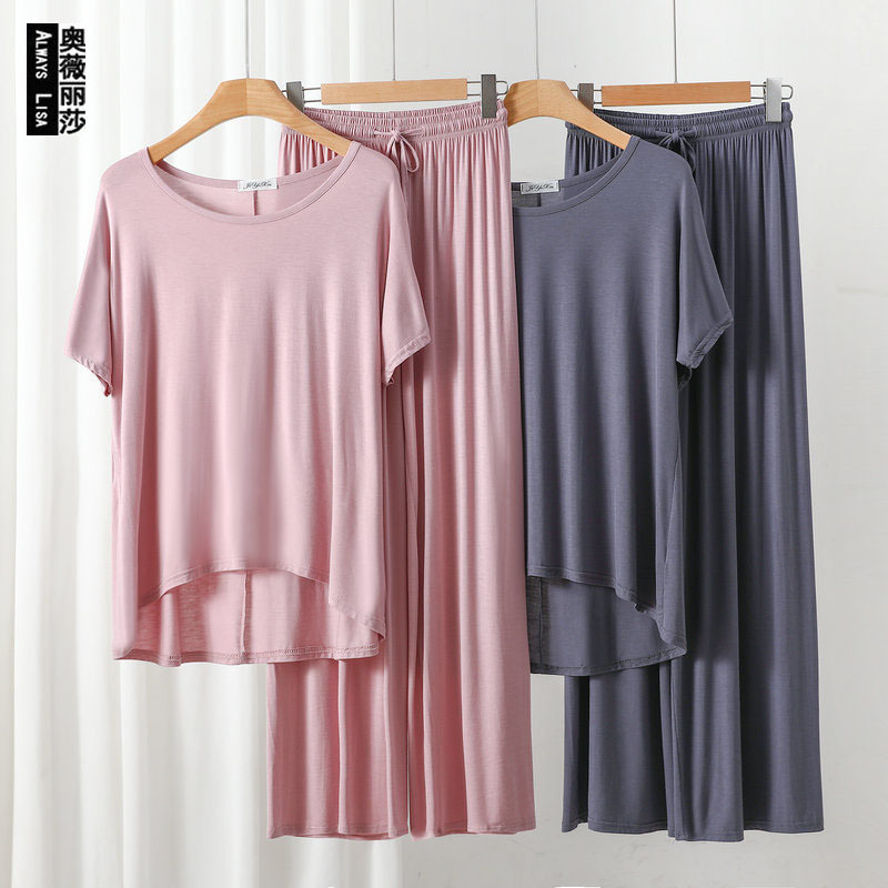 Summer Modal Round Neck Short-sleeved Wide-leg Pants Home Clothes suit Women's Loose plus size Casual Pajamas Two-piece Set