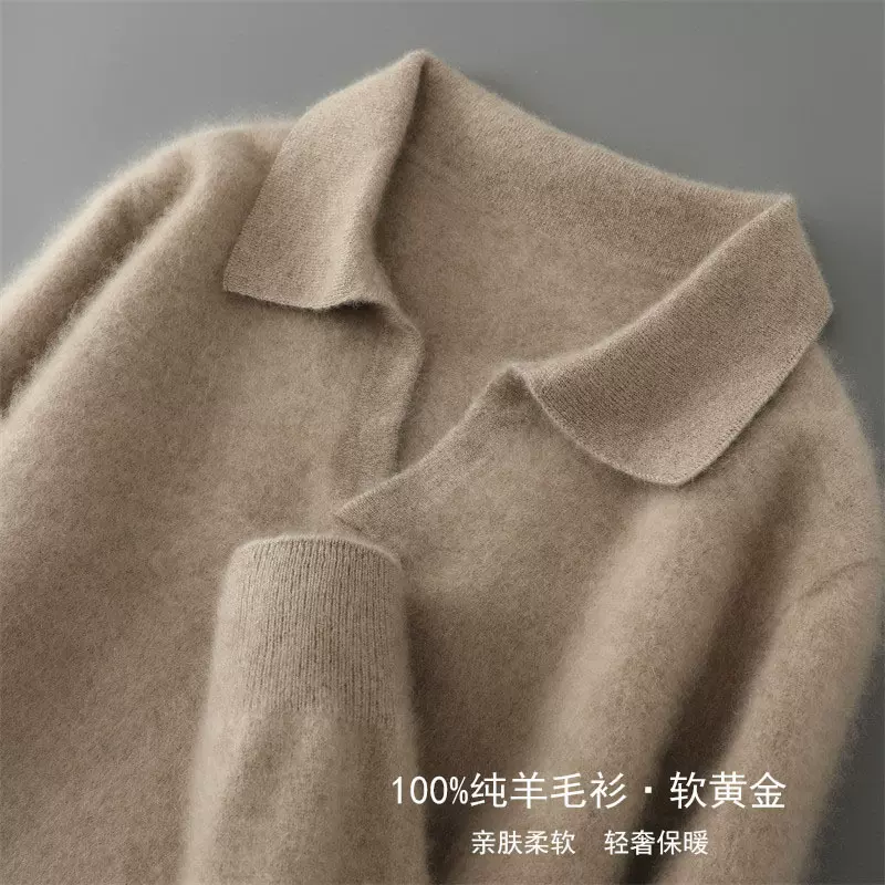 秋冬新款100%纯羊毛衫男海鸥领羊绒纯色套头毛衣青年polo针织衫