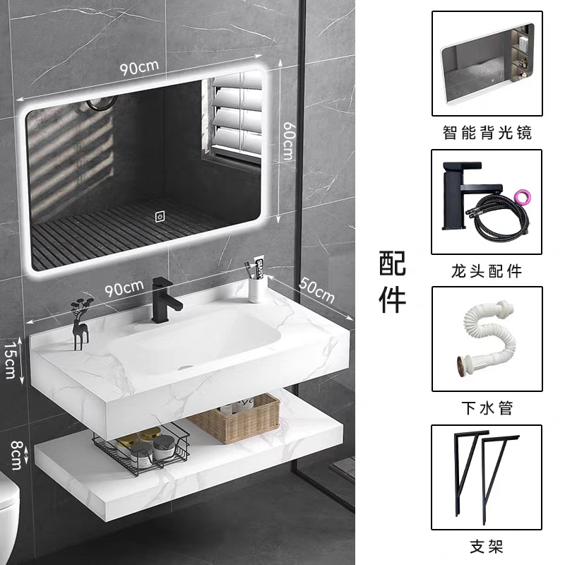 gabinete de baño de ingeniería de hotel de tabla de roca personalizado doble capa sin costura integral lavabo lavabo lavabo gabinete de baño inteligente combinación