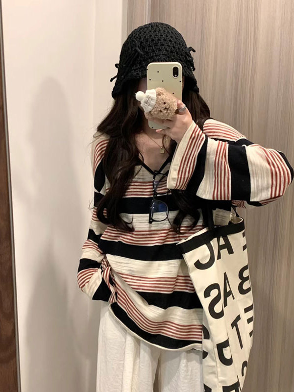 美式复古正肩V领条纹长袖t恤女秋内搭打底衫外穿宽松显瘦上衣服|undefined