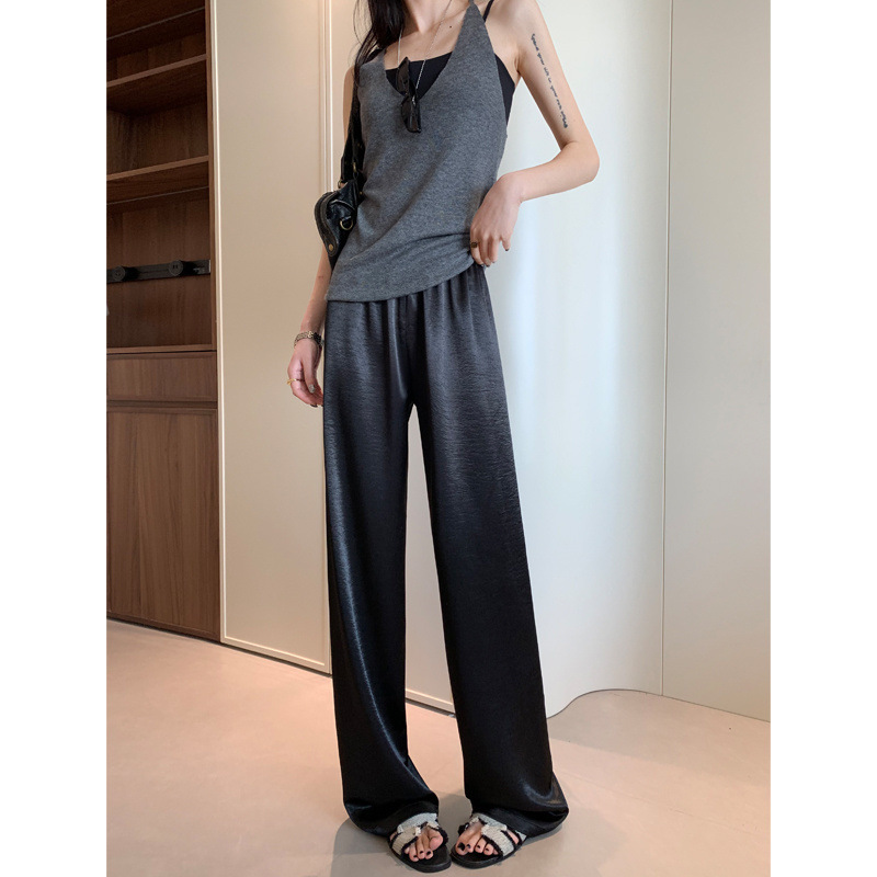 女性用ホワイトワイドレッグパンツ、ハイウエストサマーサテンアセテートカジュアルストレートパンツ、薄いアイスシルククールクラウドロングパンツ|undefined