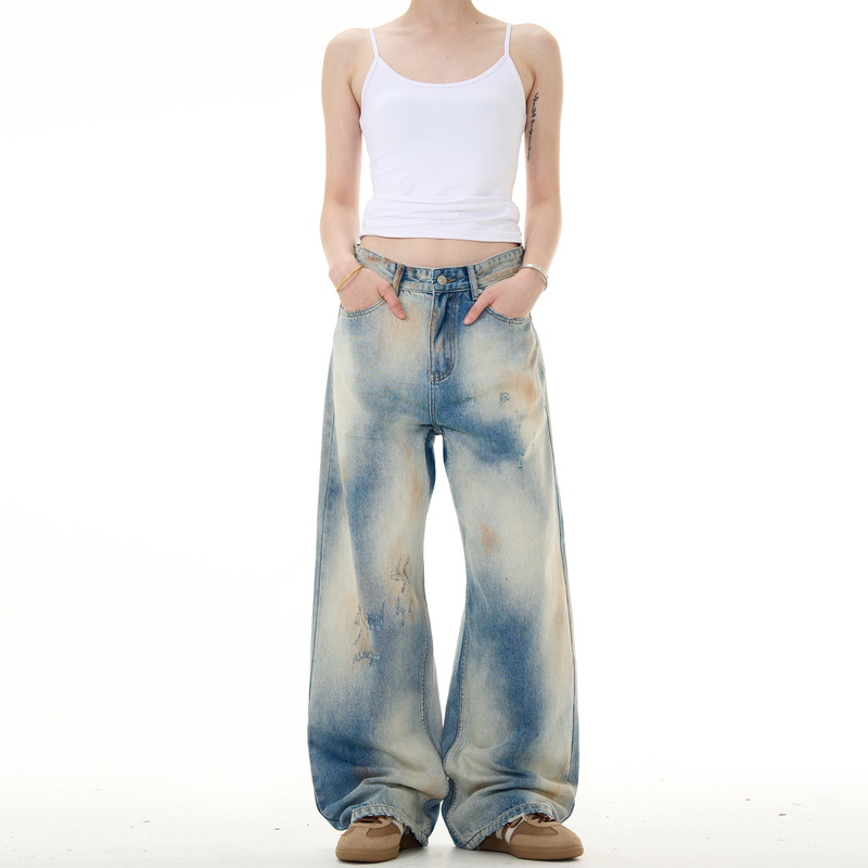 2024 new American high street vibe washed jeans men and women vintage wear dirtyfit dirty dyed pants tide