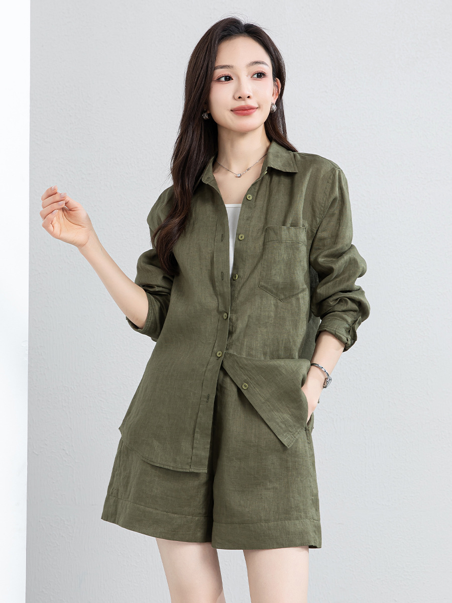 Bộ đồ linen nữ mùa hè áo sơ mi phối quần short dáng rộng — Quần short - 86185 ngày xanh