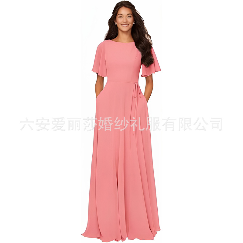 2026 Chiffon Bridesmaid Long Dress with Flowing Sleeves and Pockets, Export Dress, Formal Round Neck Half-Sleeve Evening Dress