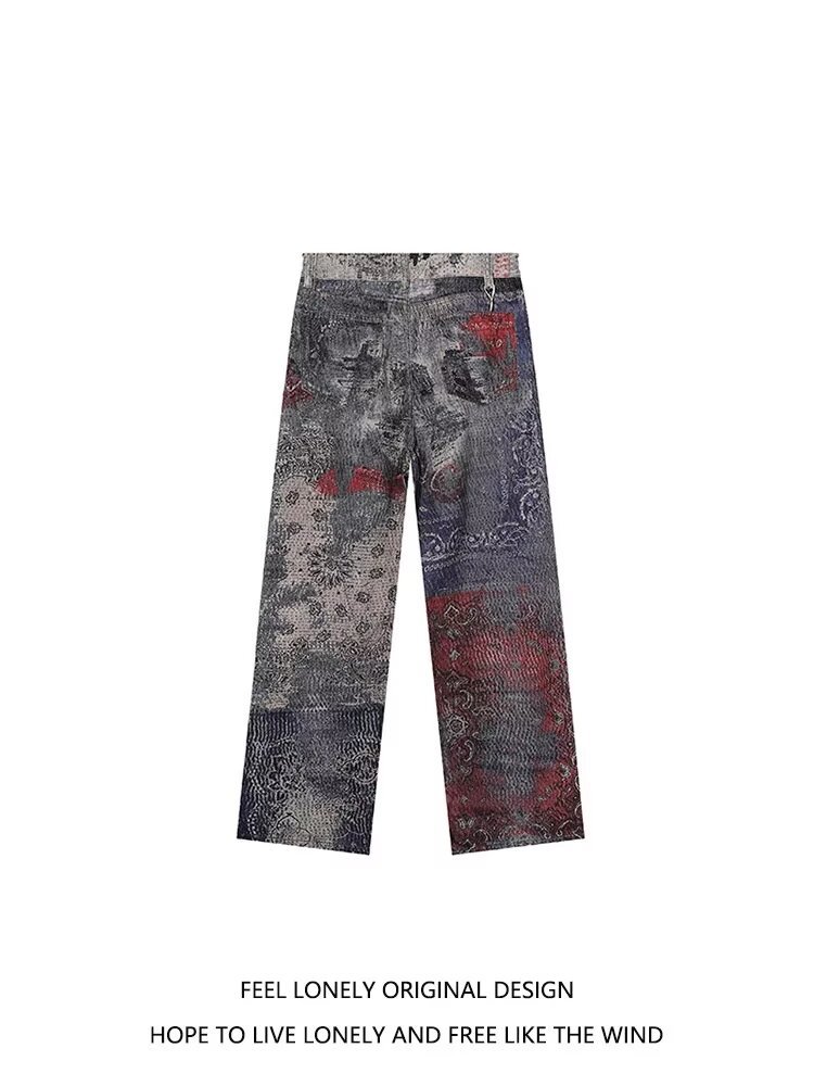 American High Street Trend Brand Wasteland Dirty Style Digital 3D Print Unisex Casual Wide-Leg Straight Jeans_viptrois.com