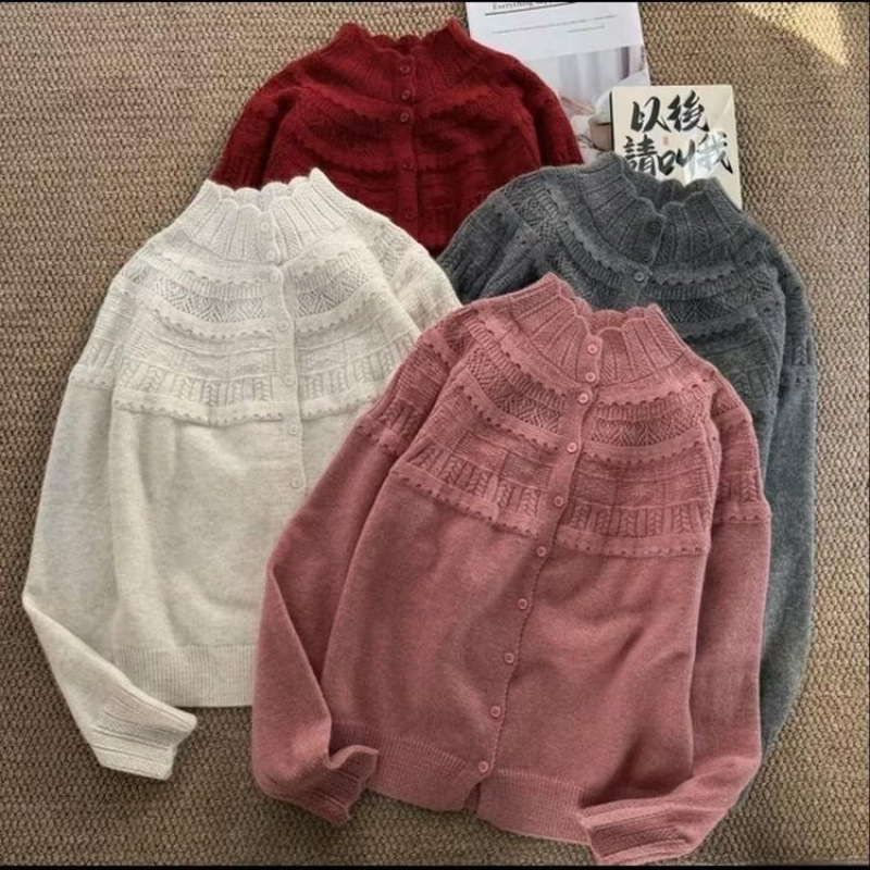 European-style half-turtleneck, openwork crochet knit cardigan for women, 2026 spring collection, thin and slimming, versatile sweater jacket, trendy