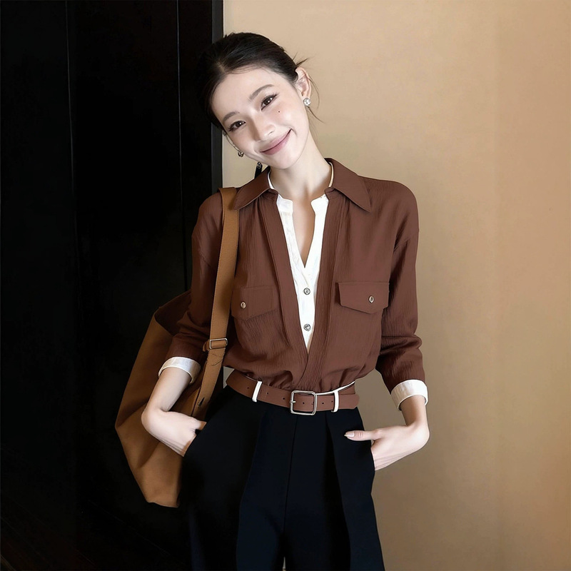 Melard brown collared long-sleeved shirt for women, autumn workwear, sophisticated and stylish, chic and intellectual top Melard brown collared long-sleeved shirt for women, autumn workwear, sophisticated and stylish, chic and intellectual top