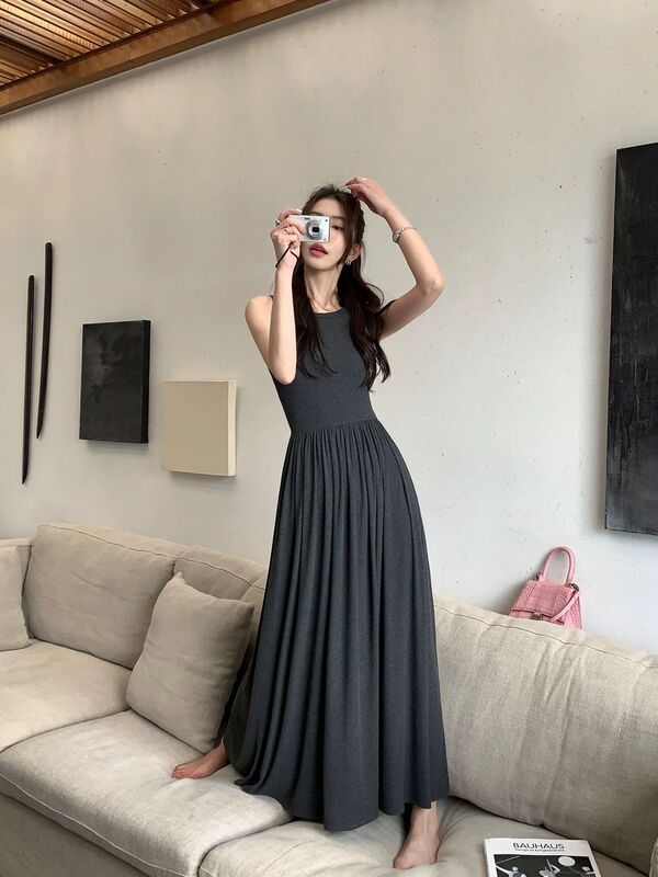 Modal Tank Dress for Women, Plus Size, Spring and Summer, Outerwear, Waist-Cinching, Sleeveless, Strapless, Over-The-Knee Long Dress