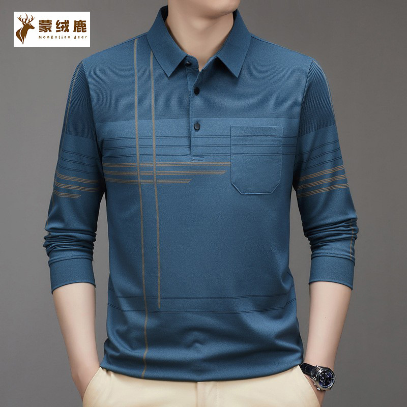 Young and Middle-aged Loose Men's Spring and Autumn Cotton Classic Long-sleeved POLO Shirt Dad's Real Pocket T-shirt Top