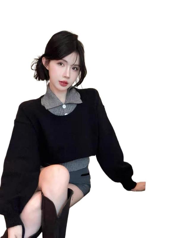 小个子polo领毛衣女学院风秋季新款短款针织两件套装慵懒翻领上衣|undefined